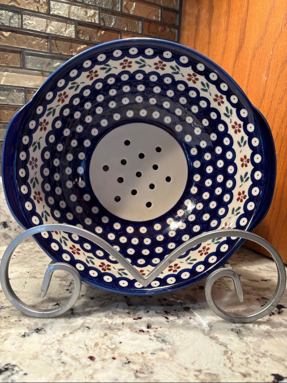 Boleslawiec Hand-Painted Blue Polish Pottery Colander or fruit bowl.
